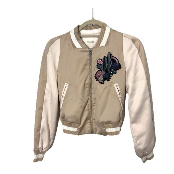 Maje Bomber Jacket Womens 36 Satin Embroidered Beige Preppy Academia - Picture 2 of 11